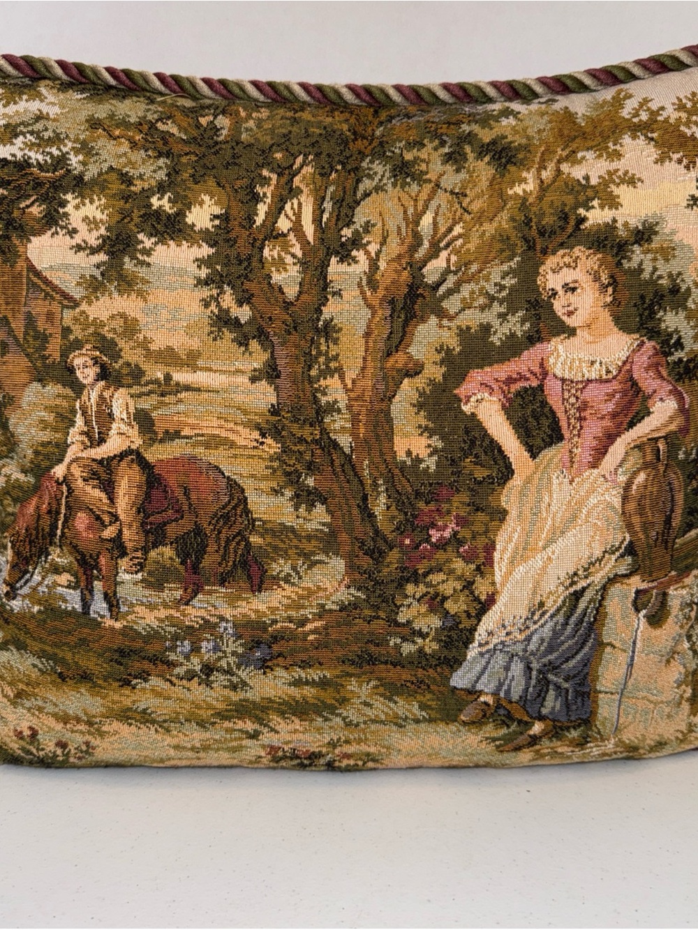 Vintage Tapestry Pillow Cover in Earthy Greens and Warm Browns 18x18”